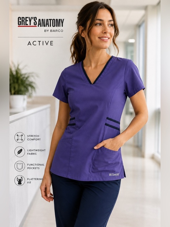 Barco Uniforms Tops - Grey’s Anatomy Barco Active Scrub Top Womens XS Purple Navy V Neck Medical Nurse